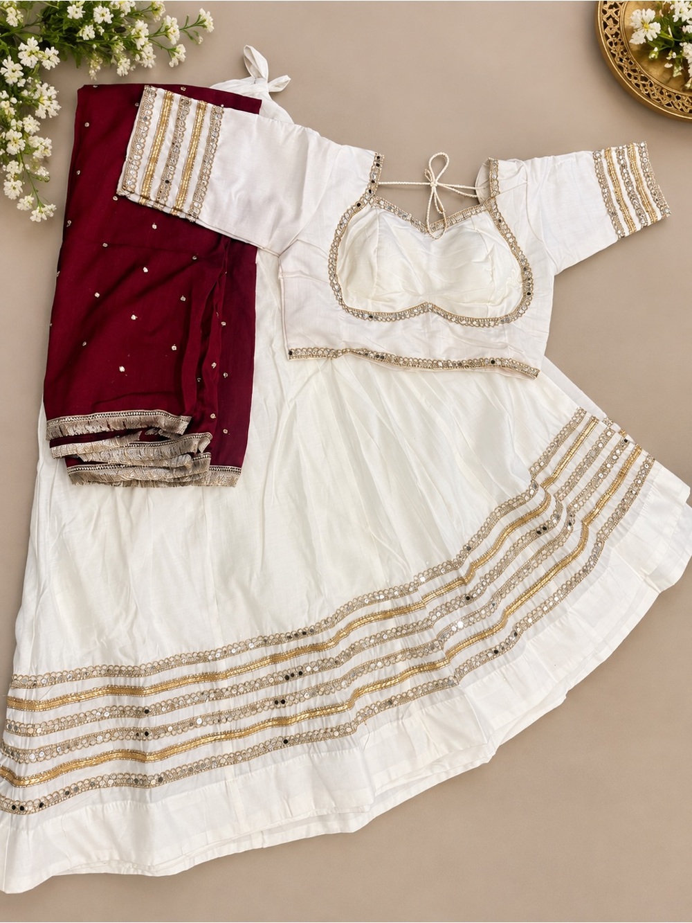 White & gold chaniyacholi / ghaghracholi with designer blouse and maroon dupatta